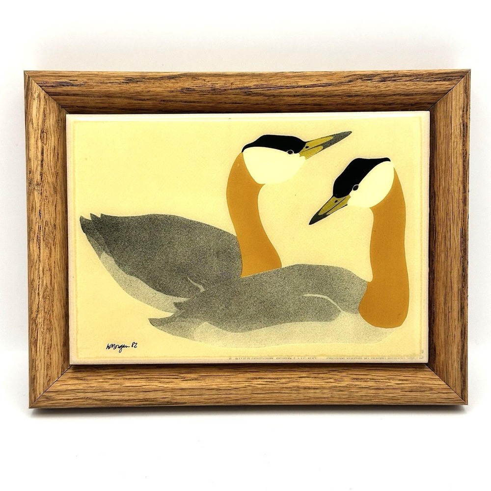 Vintage 1982 W Morgan Grebe Bird Ceramic Tile Art Kimberly Enterprises Framed